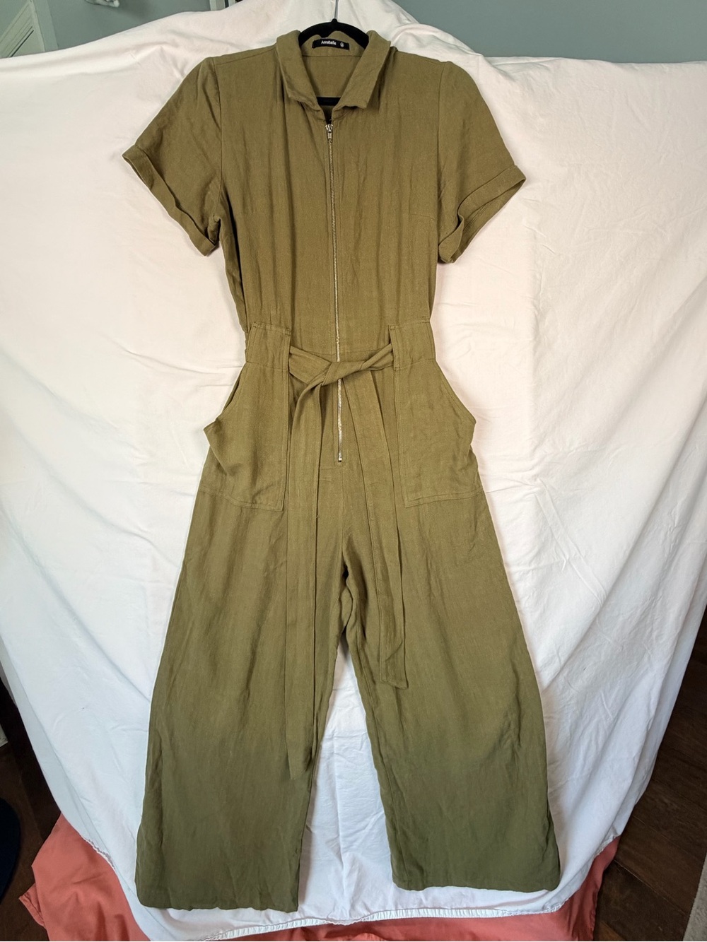 Annabelle Olive Green Utility Jumpsuit Wide Leg Zip Front Belted M